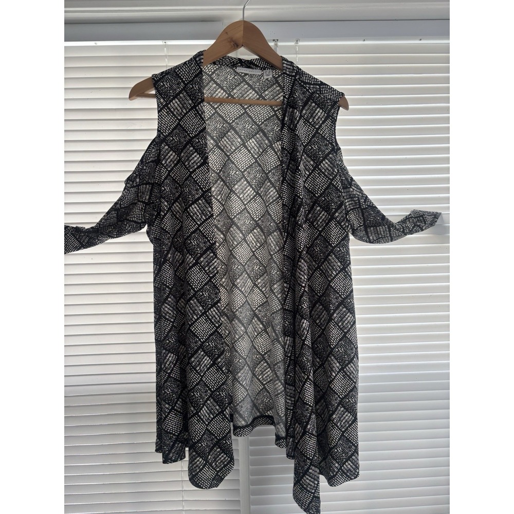 Susan Graver Size 1X Open Front Cardigan Black Diamond Liquid Knit Cold Shoulder